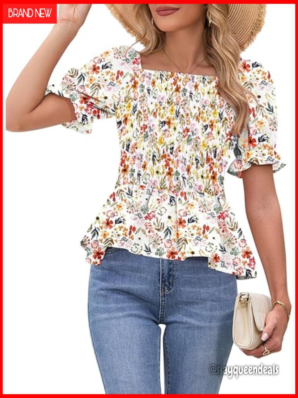 Smocked Square Neck Babydoll Top - Short Sleeve Peplum Blouse